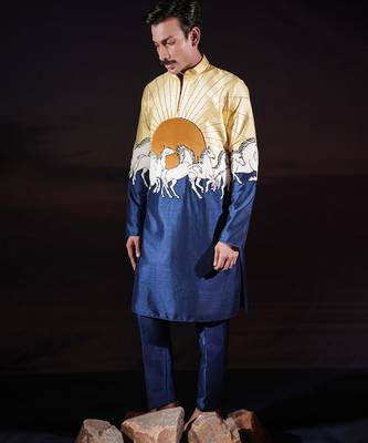 Blue printed dupion kurta set 2