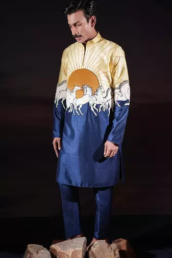Blue printed dupion kurta set