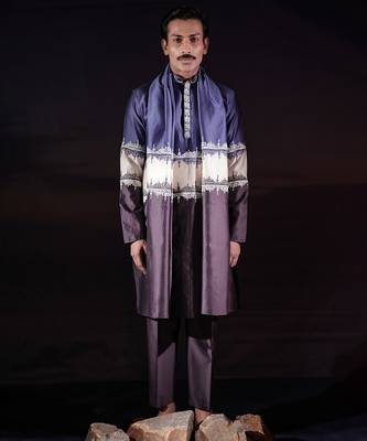Blue plain chanderi silk kurta set 1