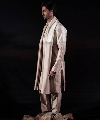 Beige plain dupion kurta set 5