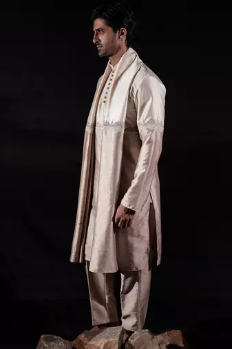 Beige plain dupion kurta set