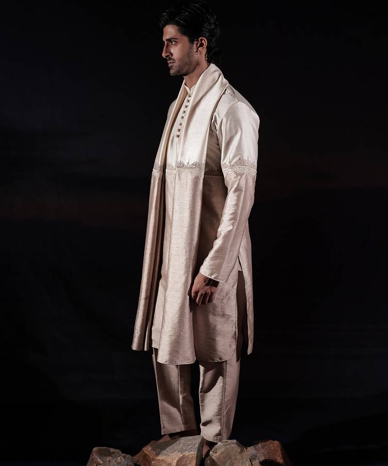 Beige plain dupion kurta set