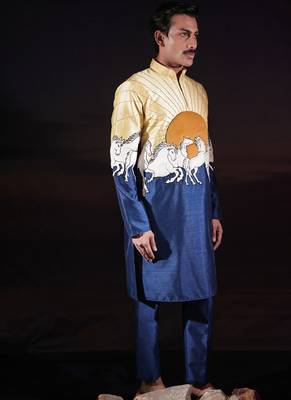 Blue printed dupion kurta set 4
