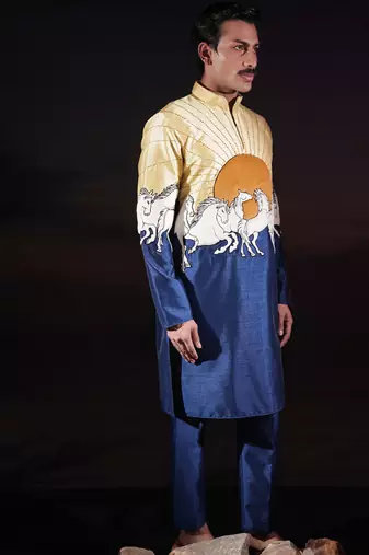 Blue printed dupion kurta set