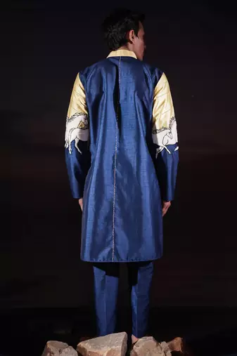 Blue printed dupion kurta set