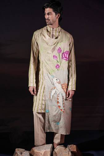Beige embroidered linen kurta set