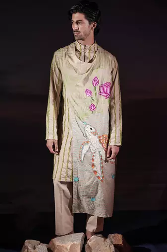 Beige embroidered linen kurta set