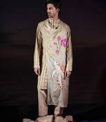 Beige embroidered linen kurta set