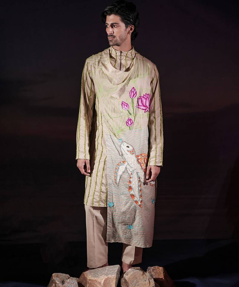 Beige embroidered linen kurta set