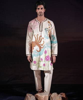 Ivory embroidered chanderi silk kurta set 1