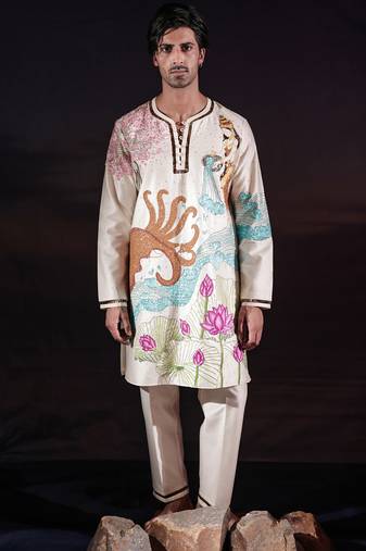 Ivory embroidered chanderi silk kurta set
