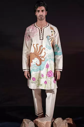 Ivory embroidered chanderi silk kurta set