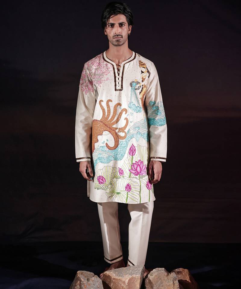 Ivory embroidered chanderi silk kurta set