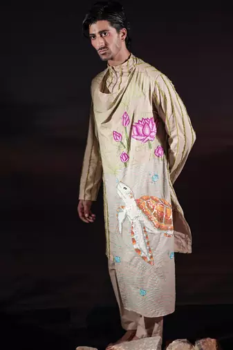 Beige embroidered linen kurta set