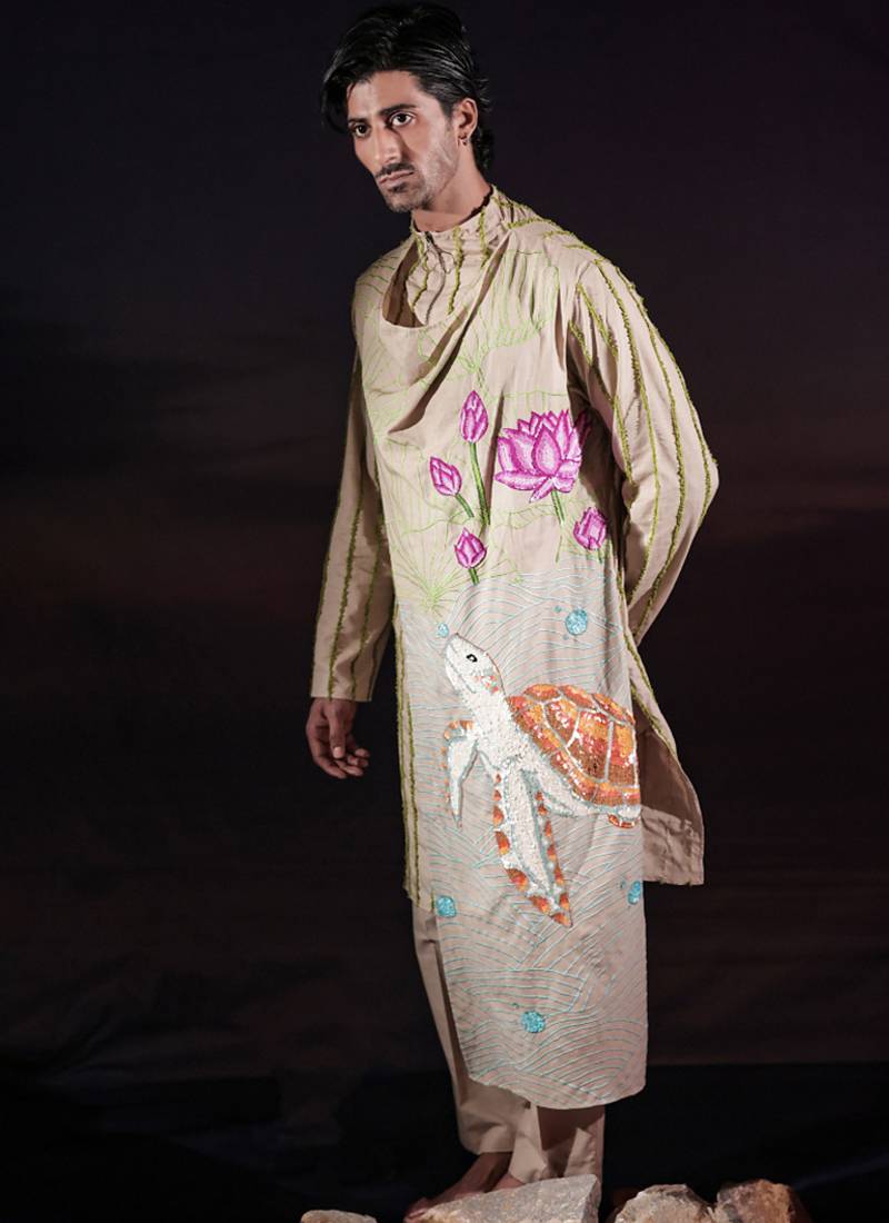 Beige embroidered linen kurta set
