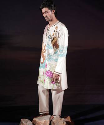 Ivory embroidered chanderi silk kurta set 3