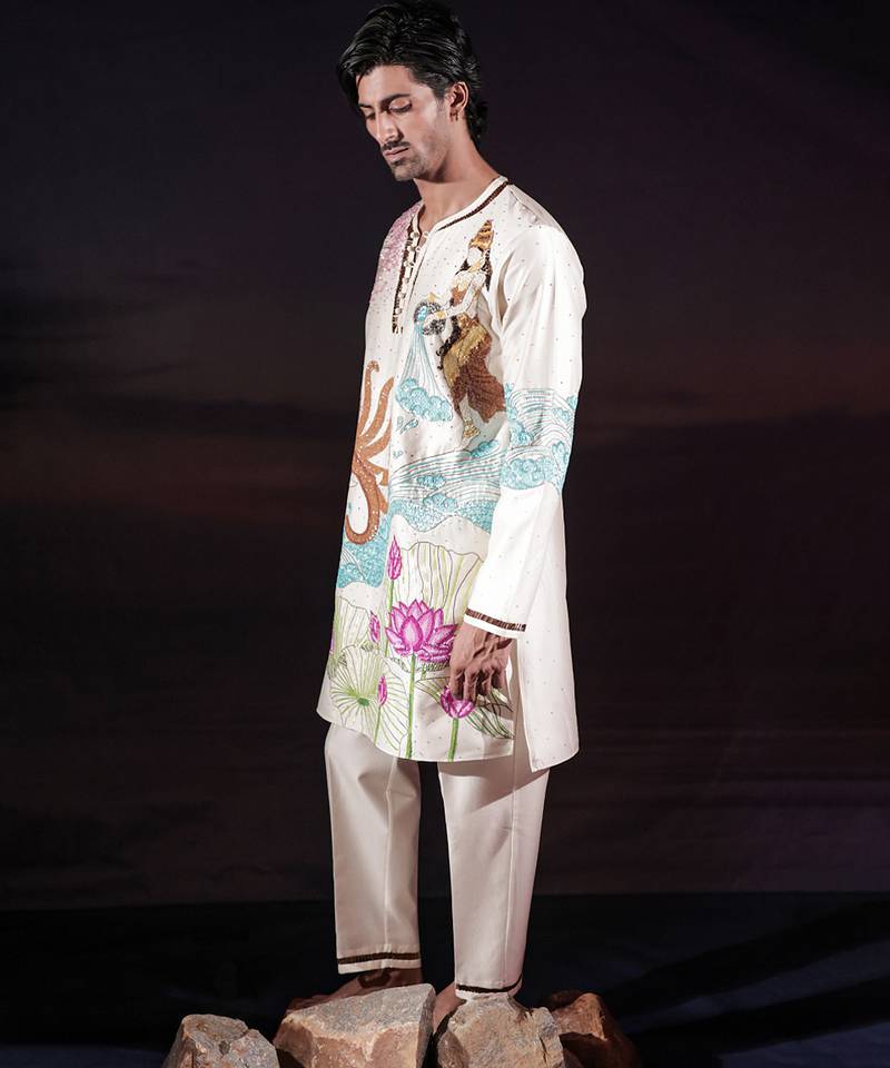 Ivory embroidered chanderi silk kurta set