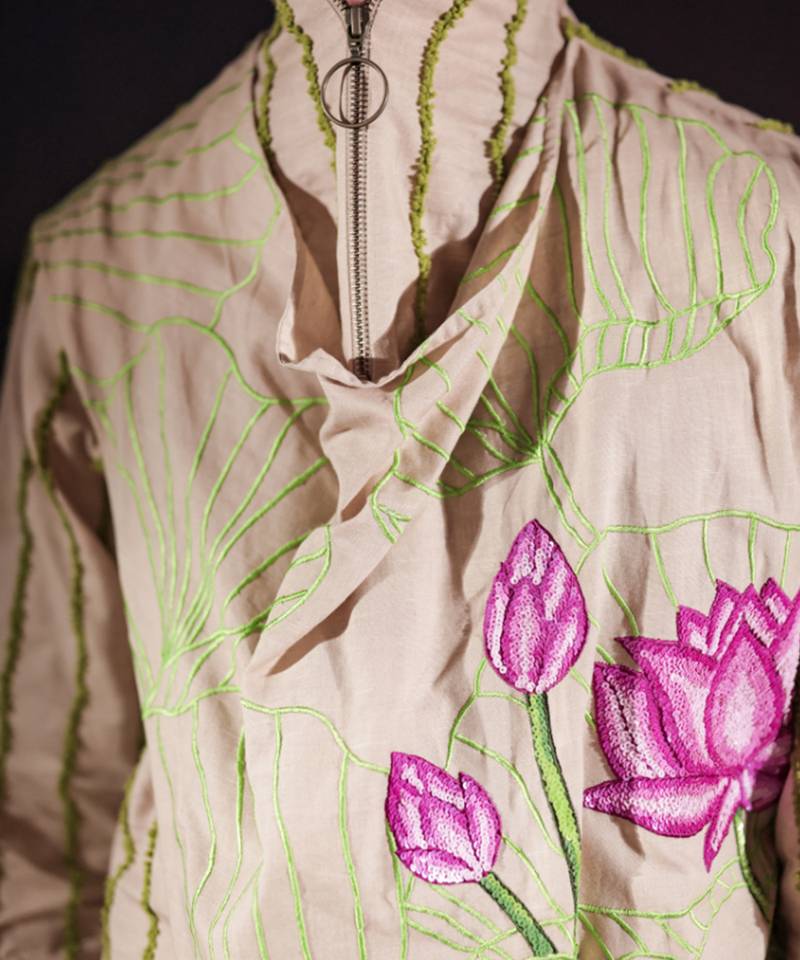 Beige embroidered linen kurta set