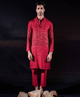 Red embroidered silk kurta set 1