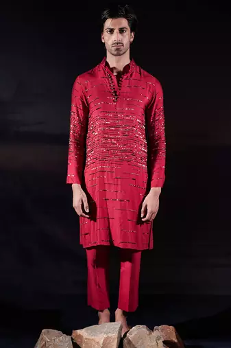 Red embroidered silk kurta set
