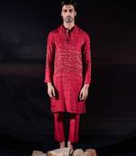 Red embroidered silk kurta set