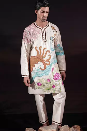 Ivory embroidered chanderi silk kurta set