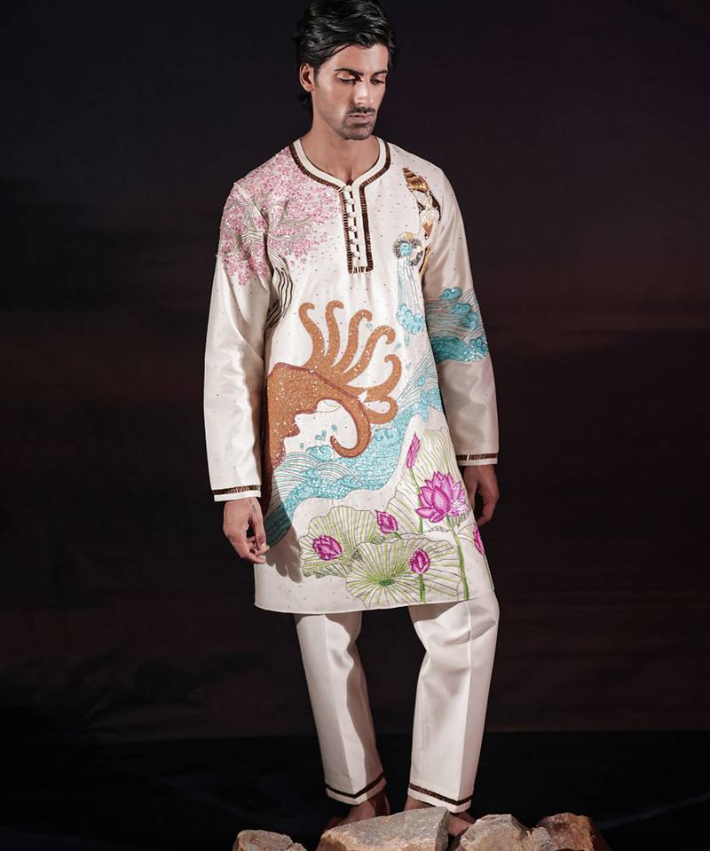 Ivory embroidered chanderi silk kurta set