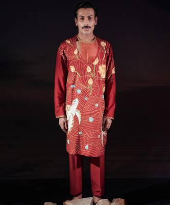 Rust embroidered cotton silk kurta set 1
