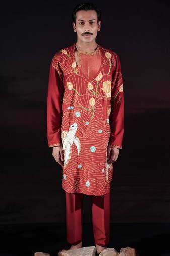Rust embroidered cotton silk kurta set