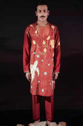 Rust embroidered cotton silk kurta set