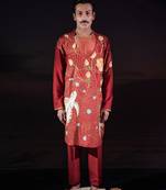 Rust embroidered cotton silk kurta set