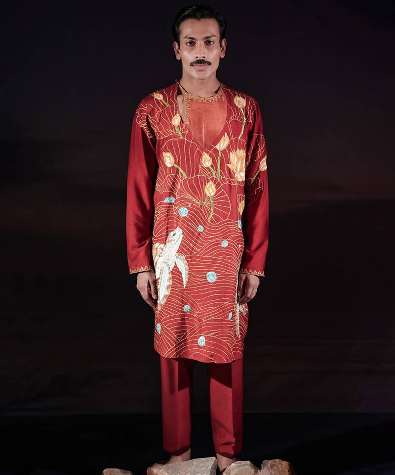 Rust embroidered cotton silk kurta set