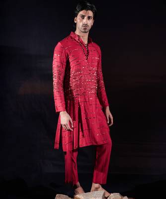 Red embroidered silk kurta set 2