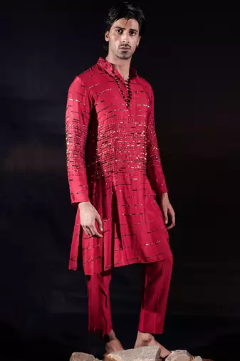 Red embroidered silk kurta set