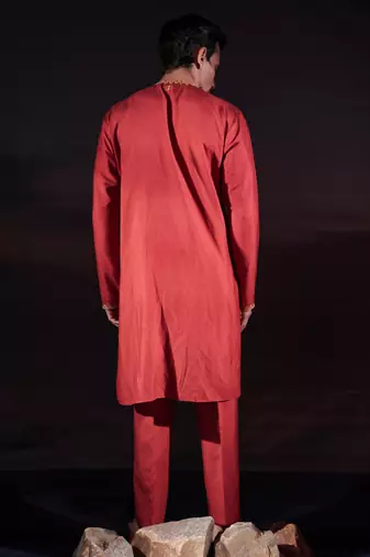 Rust embroidered cotton silk kurta set