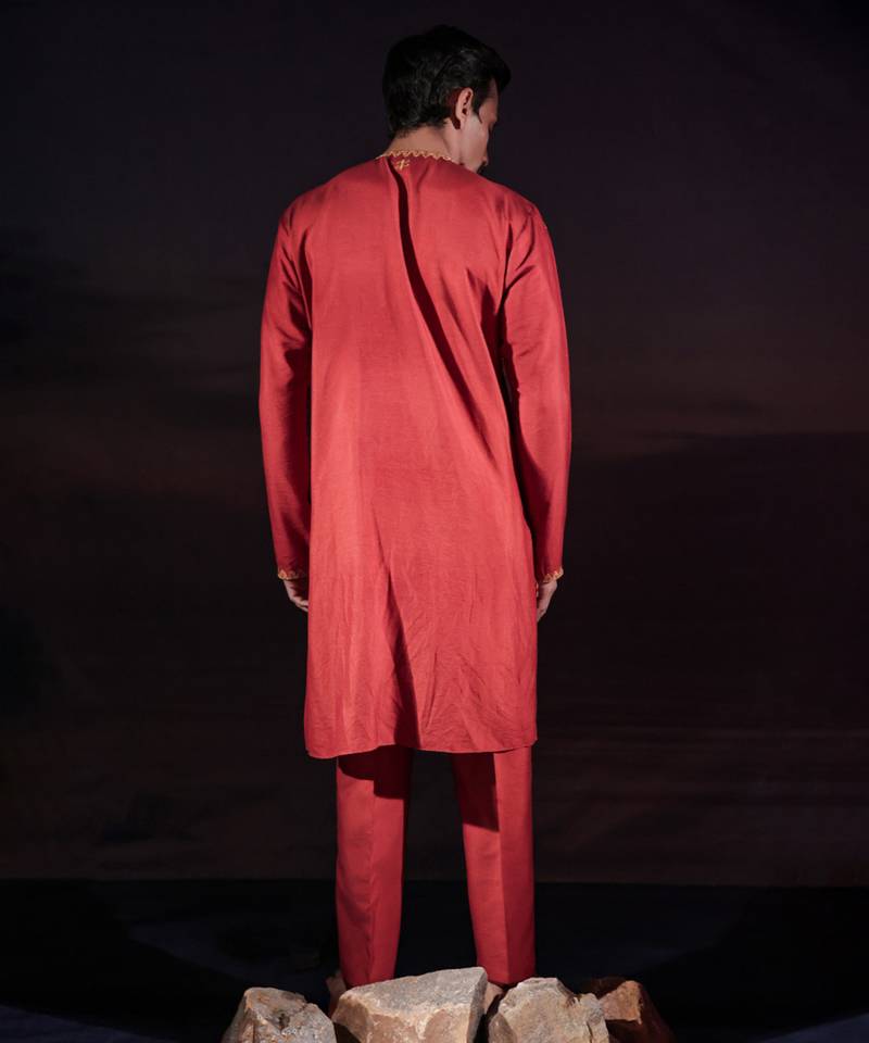 Rust embroidered cotton silk kurta set