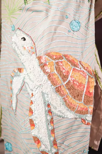 Beige embroidered linen kurta set