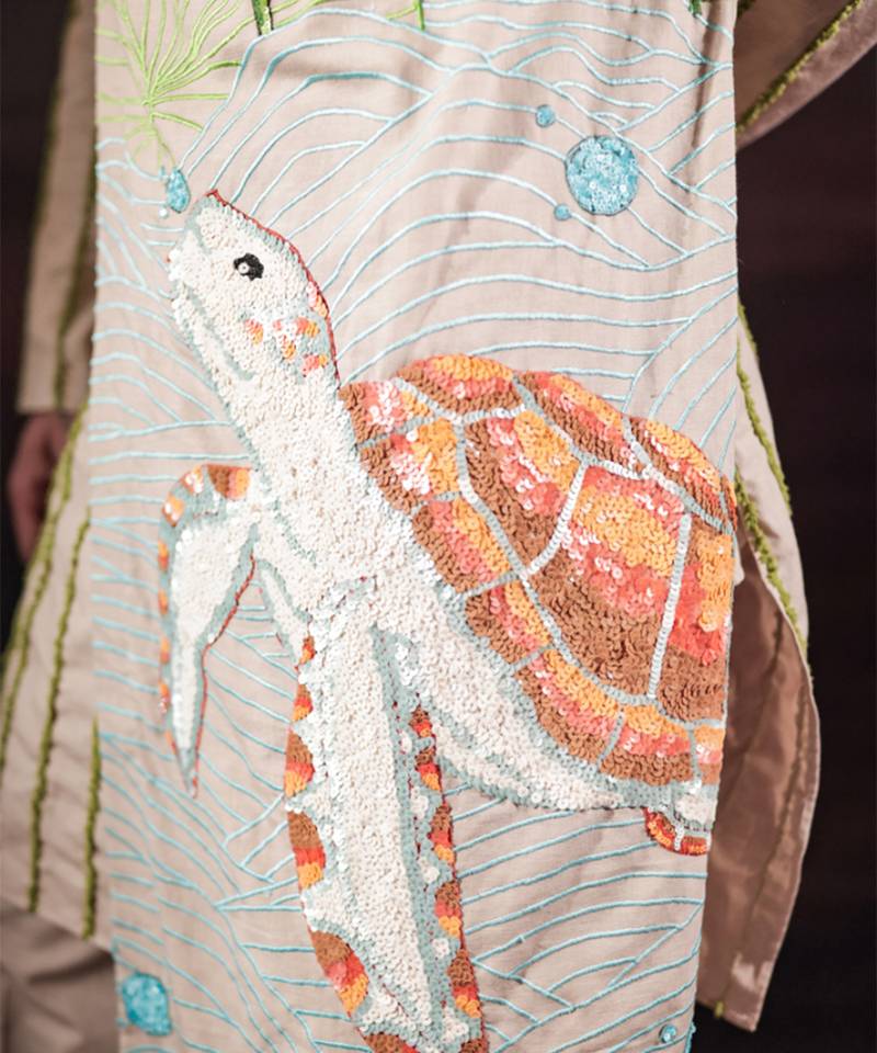 Beige embroidered linen kurta set