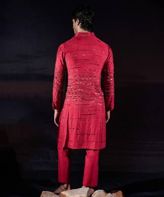 Red embroidered silk kurta set 3