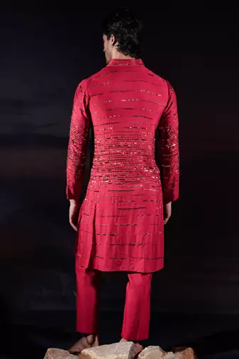 Red embroidered silk kurta set