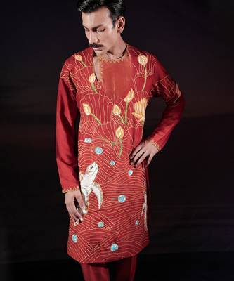 Rust embroidered cotton silk kurta set 3