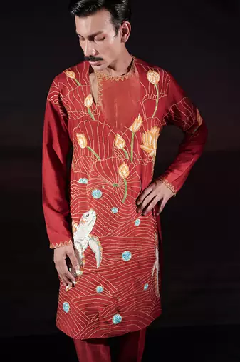 Rust embroidered cotton silk kurta set