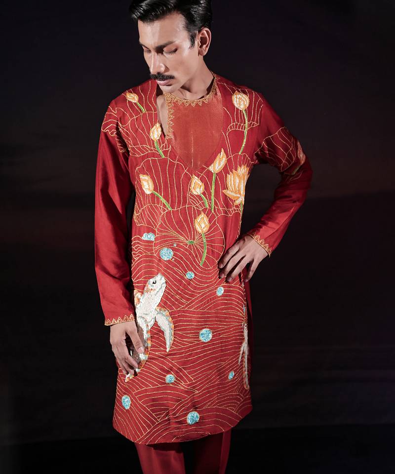 Rust embroidered cotton silk kurta set
