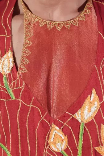 Rust embroidered cotton silk kurta set