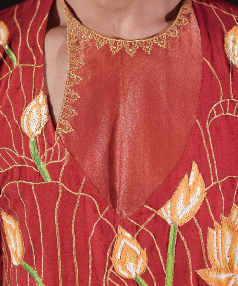 Rust embroidered cotton silk kurta set