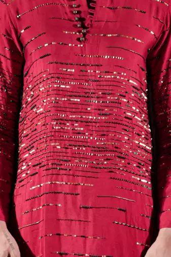 Red embroidered silk kurta set