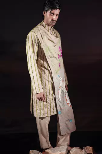 Beige embroidered linen kurta set