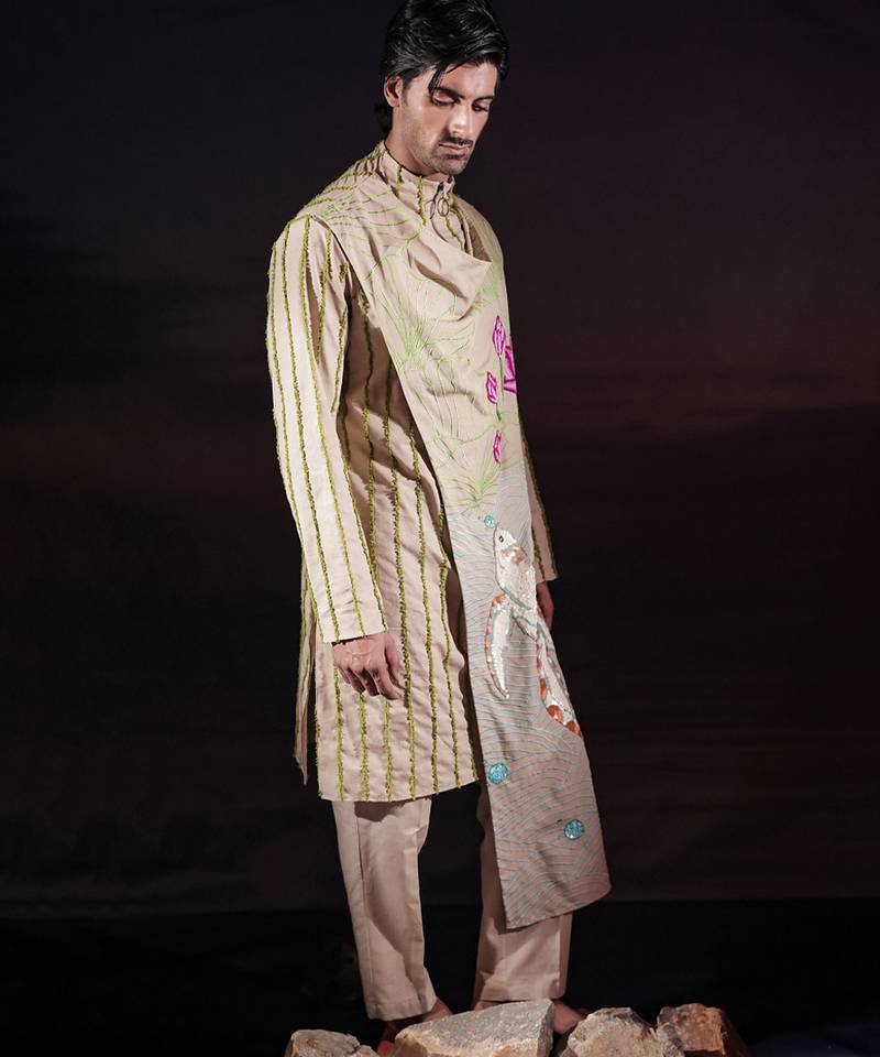 Beige embroidered linen kurta set