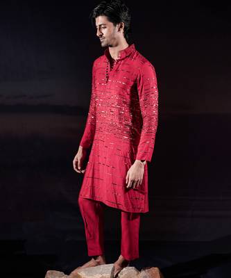 Red embroidered silk kurta set 5