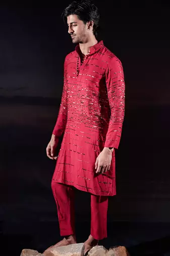 Red embroidered silk kurta set